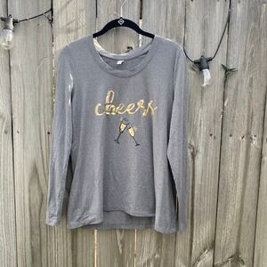 Simple Pleasures Gray Long Sleeve Cheers Champagne Toast Graphic T Shirt Size S